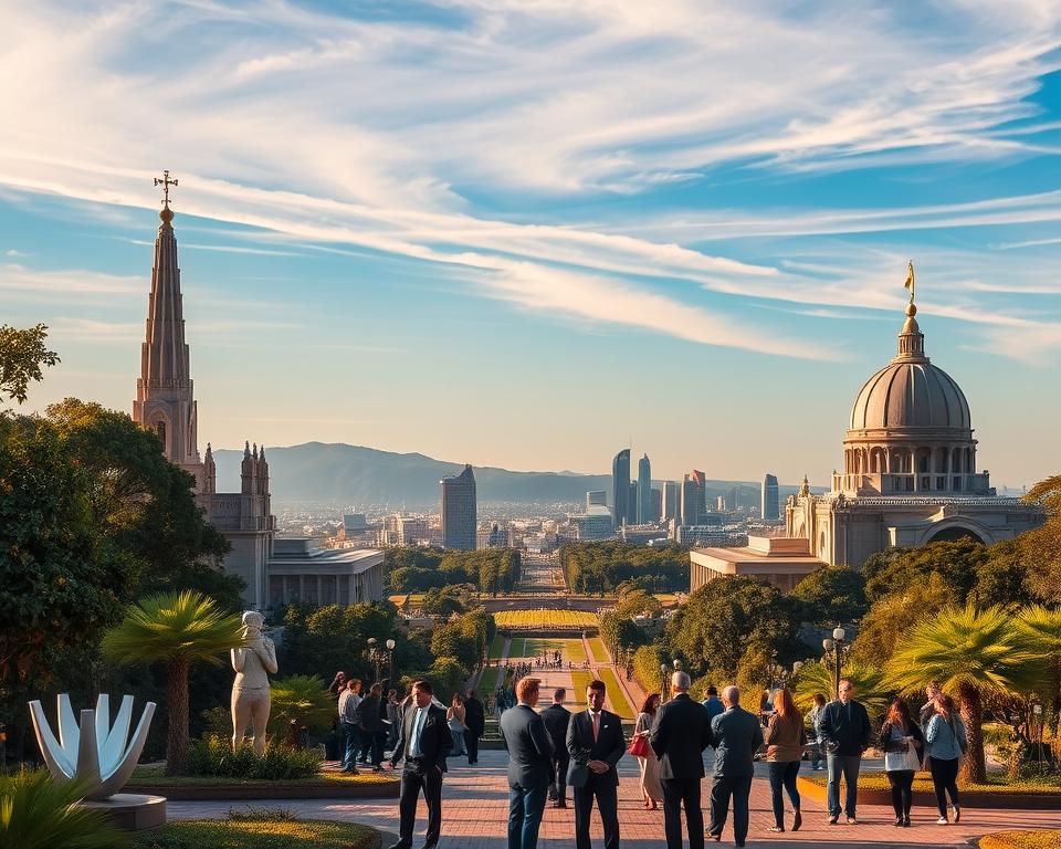 A breathtaking view of Brasília, showcasing iconic architectural structures such as the National Cathedral and the Palácio da Alvorada. In the foreground, lush greenery and modernist sculptures invite exploration, adding depth to the scene. The middle ground features people dressed in professional business attire, engaging in conversation and reflecting the vibrant political atmosphere of the city. In the background, the stunning skyline gleams under a clear blue sky, with wisps of clouds providing a serene backdrop. The lighting captures the golden hour, creating warm tones that enhance the beauty of the unique architecture. The overall mood is one of excitement and cultural richness, perfectly encapsulating Brasília's status as a UNESCO World Heritage site.