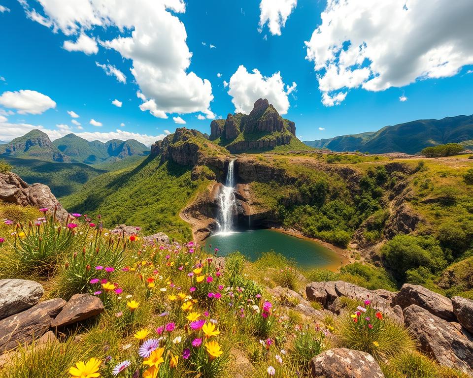 A breathtaking view of Chapada Diamantina in Brazil during the perfect travel season. In the foreground, vibrant wildflowers in various colors bloom on rugged rocky terrain, set against lush greenery. In the middle ground, a dramatic waterfall cascades into a clear pool, surrounded by tall cliffs adorned with vibrant green vegetation. The background features the iconic table mountains of Chapada Diamantina under a sapphire blue sky, dotted with fluffy white clouds. The scene is illuminated by warm, golden sunlight, evoking a sense of peace and adventure. The composition captures a wide angle to showcase the vastness of the landscape, creating a serene yet dynamic atmosphere ideal for nature lovers and travelers.