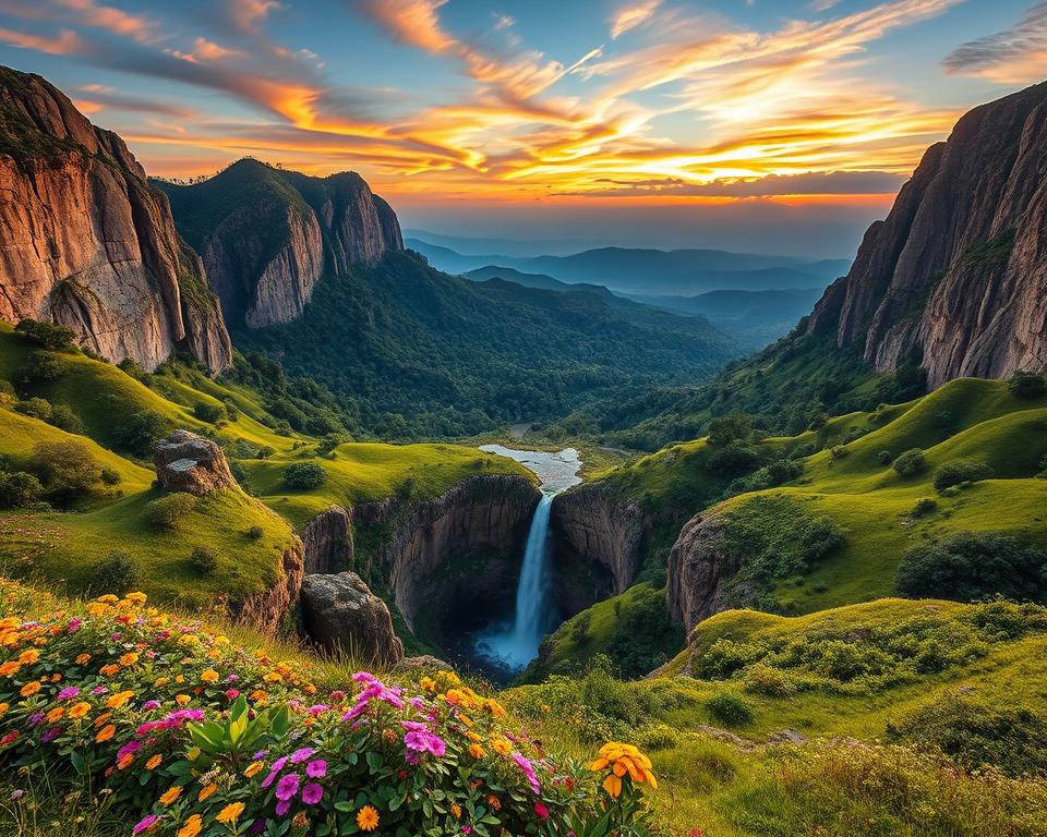 A breathtaking view of Chapada Diamantina in Brazil, showcasing its dramatic landscape. In the foreground, vibrant green plateaus dotted with colorful wildflowers, leading to unique rock formations. The middle ground features a stunning waterfall cascading into a crystal-clear pool surrounded by lush vegetation. In the background, imposing cliffs rise sharply against the sky, with hints of distant mountains and a vibrant sunset casting warm orange and pink hues across the clouds. The scene is illuminated by soft, golden hour light, enhancing the tranquility and beauty of this natural wonder. Capture the stunning contrast of the rich greens and the earthy browns of the rocks, creating a serene and inviting atmosphere.