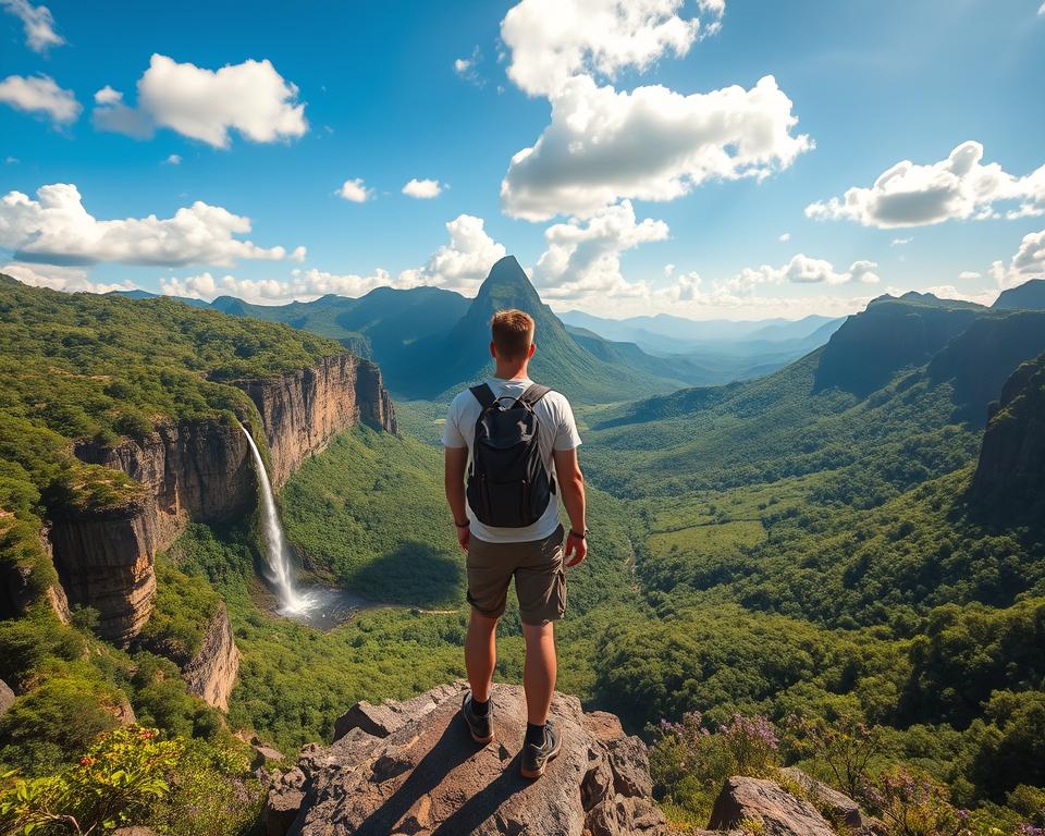 A breathtaking view of Chapada Diamantina in Brazil, showcasing its stunning natural beauty. In the foreground, a hiker in modest casual clothing stands on a rocky outcrop, gazing at the dramatic cliffs and lush vegetation. The middle ground features cascading waterfalls and vibrant green valleys, dotted with colorful wildflowers. In the background, majestic highlands rise against a bright blue sky with fluffy white clouds, creating a sense of adventure and exploration. The lighting is warm and golden, suggesting early morning or late afternoon, with soft shadows enhancing the textures of the rocks and foliage. The atmosphere is tranquil yet inspiring, evoking the spirit of discovery and the allure of travel in this remarkable destination.