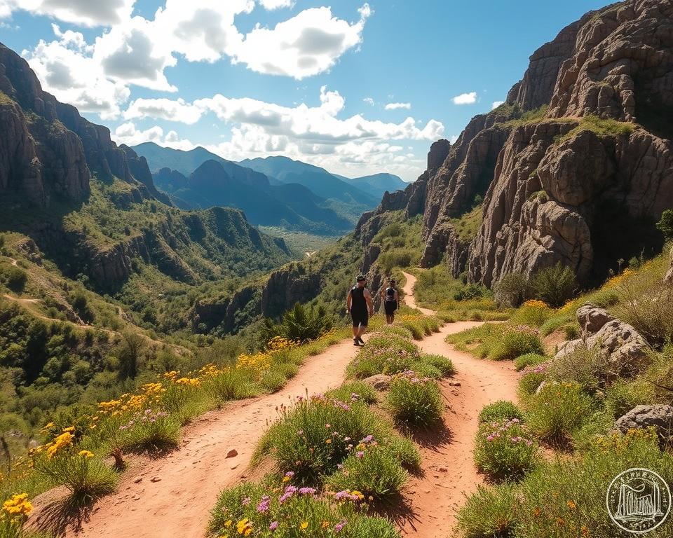 A breathtaking view of the "Wanderwege Chapada Diamantina" in Brazil, showcasing a rugged landscape filled with dramatic cliffs, lush greenery, and winding trails. In the foreground, a clearly defined dirt path meanders through vibrant wildflowers, inviting hikers to explore. The middle ground features steep rocky formations and dense vegetation, with a couple of adventurous hikers in modest casual clothing, fully engaged in their trek. In the background, soaring mountains and a bright blue sky with scattered fluffy clouds create a sense of vastness. The scene is illuminated by soft, warm sunlight, casting gentle shadows and enhancing the textures of the rocks. The overall mood conveys a sense of adventure and tranquility, perfect for nature lovers seeking an unforgettable hiking experience.
