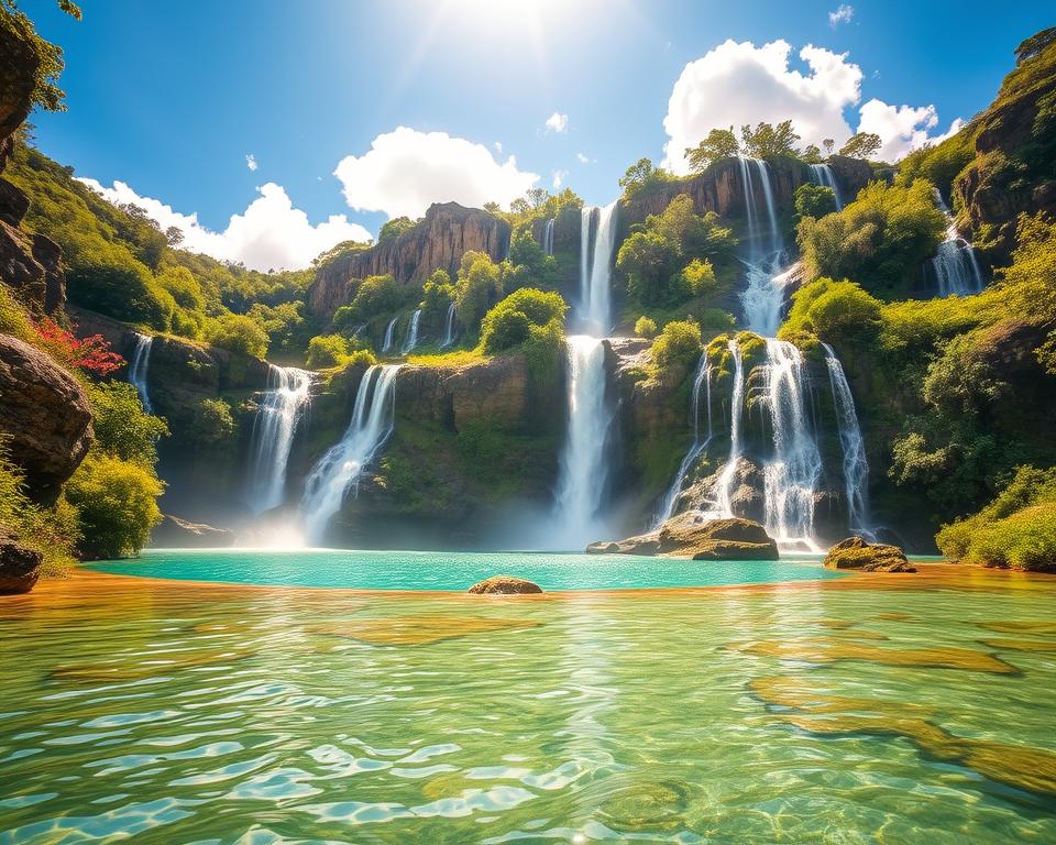 A breathtaking view of the "Wasserfälle der Chapada Diamantina" in Brazil, vividly capturing the beauty of cascading waterfalls surrounded by lush greenery. In the foreground, clear turquoise pools reflect the sunlight, creating a serene atmosphere. The middle ground features dramatic cliffs covered in vibrant flora, with the waterfalls spilling gracefully over the edge, sending mist into the air. In the background, a bright blue sky dotted with soft white clouds enhances the scene. The lighting is warm and inviting, evoking a sense of tranquility and adventure. The image should be captured from a slightly elevated angle to showcase the full height and majesty of the waterfalls, inviting viewers to experience the natural wonder of Chapada Diamantina.
