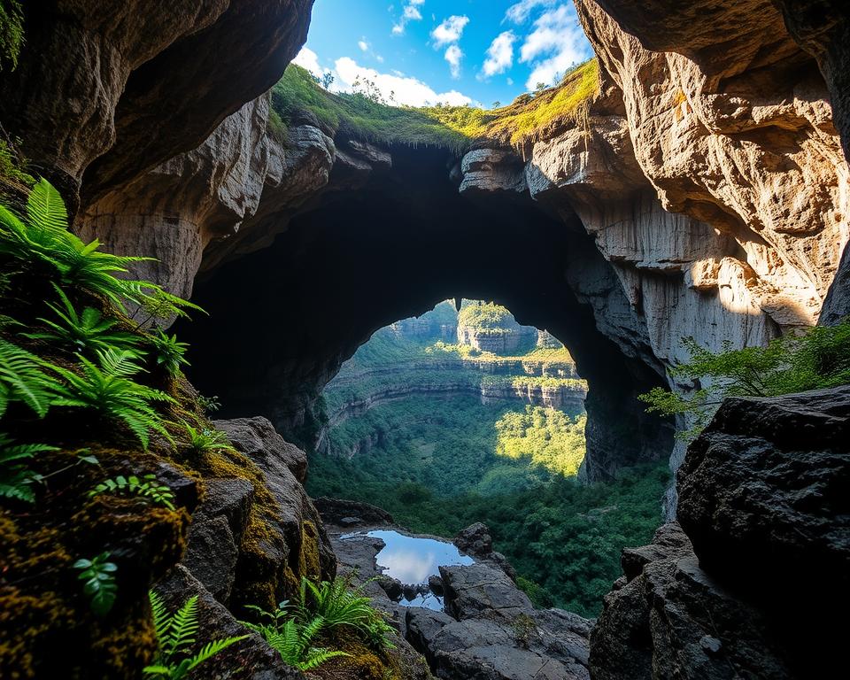 A breathtaking view of the caves in Chapada Diamantina, Brazil. In the foreground, a rugged rock formation adorned with green ferns and vivid moss, leading into a shadowy cave entrance framed by stark limestone cliffs. The middle ground reveals the mouth of the cave, where reflections glimmer in a small pool of clear water. Venturing deeper, soft, diffused golden light illuminates intricate stalactites and stalagmites, casting subtle shadows. In the background, layers of lush, unspoiled rainforest are visible under a bright blue sky dotted with wispy clouds. The atmosphere feels tranquil and mysterious, inviting exploration while showcasing the rich geological textures. The perspective is from a low angle, emphasizing the impressive scale of the caves. This serene scene captures the essence of adventure and natural beauty in Chapada Diamantina.