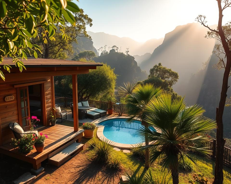 A cozy and inviting accommodation in Chapada Diamantina, Brazil, nestled among lush greenery and rocky formations. In the foreground, a charming cabin made of natural wood, with a porch adorned with vibrant flowers and comfortable outdoor seating. In the middle ground, a small swimming pool shimmering under soft morning light, surrounded by palm trees and native plants. The background features the majestic hills and cliffs of Chapada Diamantina, partially shrouded in mist, creating a sense of tranquility. The scene is illuminated with warm, golden sunlight streaming through the trees, casting gentle shadows. The atmosphere is serene and inviting, perfect for travelers seeking relaxation in nature. Capture this idyllic moment from a slightly elevated angle to enhance the landscape's depth and beauty.