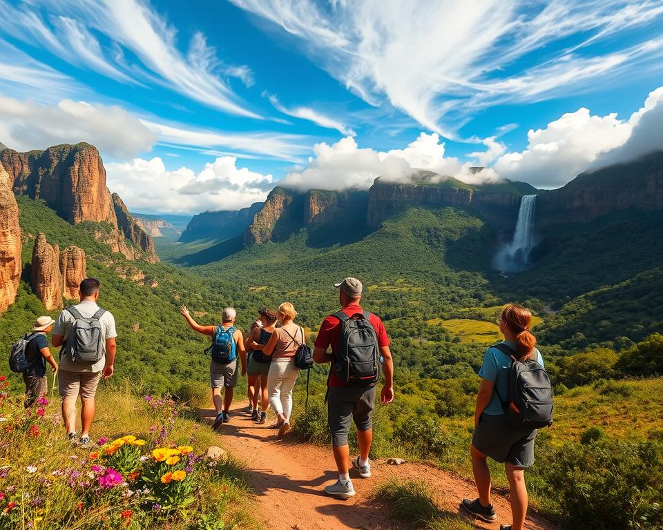A professional guide leading a small group of tourists on a hiking trail through the stunning landscapes of Chapada Diamantina, Brazil. In the foreground, the guide, dressed in modest outdoor attire, is pointing out unique rock formations to the curious travelers. The middle ground features lush green valleys and steep cliffs dotted with colorful wildflowers. In the background, majestic waterfalls cascade from towering cliffs, with dramatic clouds swirling in a blue sky above. The scene is illuminated by warm, golden sunlight, casting long shadows and enhancing the vibrant colors of nature. The atmosphere is adventurous and inspiring, evoking a sense of exploration and connection with the breathtaking natural beauty of Chapada Diamantina.