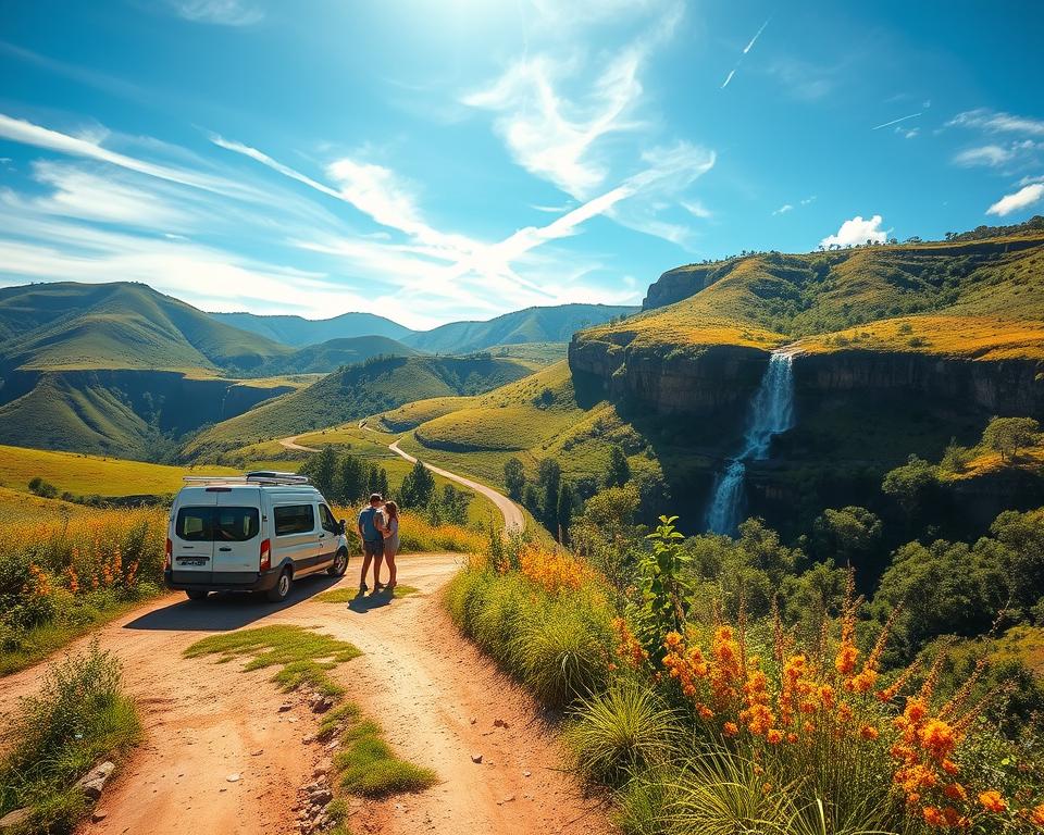 A serene landscape capturing the journey to Chapada Diamantina in Brazil, showcasing a winding dirt road leading through lush greenery and vibrant wildflowers. In the foreground, include a picturesque van or car parked along the roadside, with a couple dressed in casual travel attire, admiring the stunning scenery. In the middle ground, depict rolling hills and cliffs, characteristic of the Chapada Diamantina National Park, with waterfalls cascading down the rocky face. The background features a clear blue sky with wisps of clouds, casting soft, warm sunlight over the landscape, creating a tranquil and inviting atmosphere. Use a wide-angle lens perspective to enhance depth and detail, ensuring the scene feels expansive and welcoming.