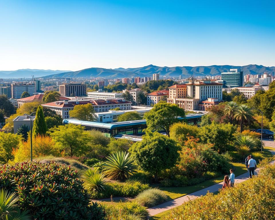 A vibrant and lush cityscape of Curitiba, Brazil, illustrating sustainable urban development. In the foreground, a park filled with diverse greenery, native plants, and people in smart casual clothing enjoying the outdoors. In the middle, modern, eco-friendly buildings with solar panels and green roofs, alongside the iconic urban bus rapid transit system, showcasing efficient public transport. The background features rolling hills and a clear blue sky, bathed in warm, natural sunlight to create a welcoming atmosphere. Use a wide-angle lens perspective to capture the depth and vitality of the city, emphasizing a harmonious blend of nature and urban life for a bright, optimistic mood.