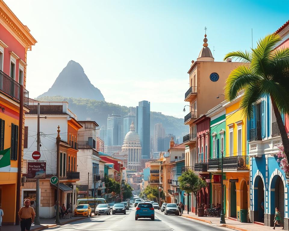 A vibrant collage depicting the diverse cities of Brazil as a travel route, showcasing iconic landmarks in the foreground. Include a bustling street view of Rio de Janeiro with the Sugarloaf Mountain in the background, complemented by the colorful architecture of Pelourinho in Salvador. In the middle ground, capture the modern skyline of São Paulo, illustrating its dynamic urban vibe. The lighting should be bright and inviting, reminiscent of a sunlit day, casting soft shadows. Use a wide-angle lens perspective to create depth and enhance the sense of movement. The atmosphere should evoke a sense of adventure and cultural exploration, with an emphasis on the rich heritage and modernity of Brazilian cities.