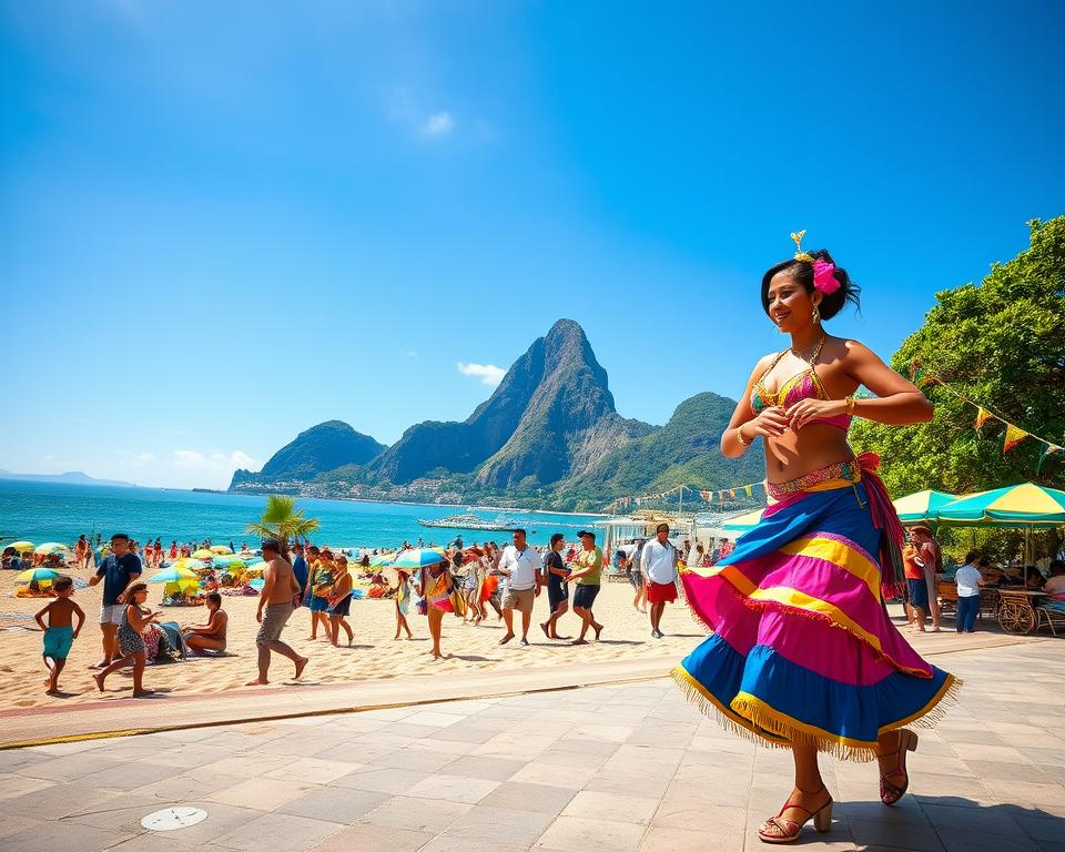 A vibrant scene of Rio de Janeiro showcasing its rich culture. In the foreground, depict a lively samba dancer in a colorful, modest costume, mid-step, exuding energy and joy. In the middle ground, illustrate a bustling Copacabana beach with families enjoying the sun, beach umbrellas dotting the sand, and vendors selling refreshing drinks. In the background, the iconic Sugarloaf Mountain towers against a bright blue sky, complemented by lush greenery. The lighting should be bright and sunny, casting soft shadows that enhance the festive atmosphere. Capture the scene from a dynamic angle, perhaps slightly elevated, to include both the panoramic view of the beach and the mountain, creating a sense of connection between the land and cultural vibrancy of Rio. The mood should be cheerful and welcoming, embodying the spirit of this extraordinary city.