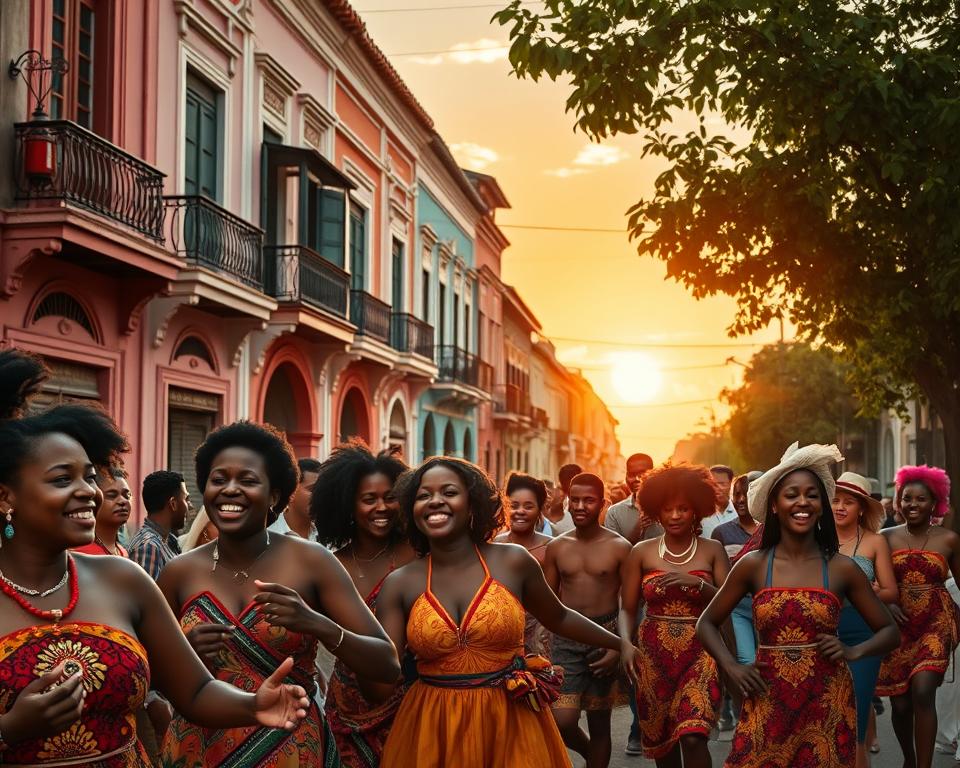A vibrant street scene depicting the rich culture of Salvador da Bahia, Brazil. In the foreground, a diverse group of people in modest traditional Afro-Brazilian clothing dances joyfully, celebrating local festivals. Their expressions are full of life and enthusiasm. In the middle ground, colorful colonial buildings adorned with intricate architecture reflect the blending of cultures, showcasing historical elements like balconies and street art. In the background, a soft sunset casts warm golden hues, enhancing the atmosphere of celebration and cultural richness. The scene is framed with lush greenery typical of the local landscape, evoking a warm and inviting mood. Use a wide-angle lens to capture the lively essence and details of this cultural melting pot, with natural, diffused lighting for an immersive experience.