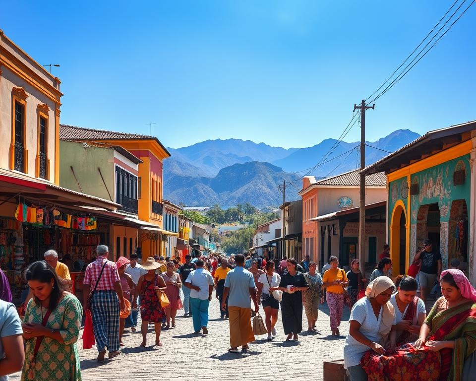 A vibrant street scene in Lençóis, Brazil, showcasing the rich culture and local community. In the foreground, a diverse group of people engaged in traditional crafts, wearing modest casual clothing, showcasing their skills in vibrant colors. The middle ground features beautifully preserved colonial architecture with bright facades, artisanal shops filled with handicrafts, and colorful murals reflecting local history and traditions. The background reveals the iconic Chapada Diamantina mountains under a clear blue sky, inviting exploration. Soft, warm lighting envelops the scene, casting gentle shadows and creating an inviting atmosphere. Capture this lively moment from a slightly elevated angle to emphasize the bustling street life and the natural beauty surrounding it. The mood is joyful and communal, illustrating the essence of cultural experiences in Lençóis.