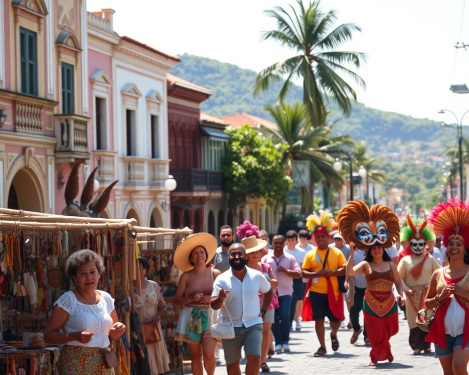 A vibrant street scene in Recife featuring traditional colonial architecture and colorful buildings with intricate facades, typical of the city's rich history. In the foreground, local artisans display handcrafted souvenirs and traditional crafts, dressed in modest casual clothing. In the middle ground, people joyfully celebrate a lively carnival atmosphere with festive decorations, masks, and musical instruments, all showcasing the cultural essence of Olinda. The background captures the lush greenery of surrounding hills and the iconic coastal views of the northeastern Brazilian coast under a bright, sunny sky. The lighting is warm and inviting, enhancing the lively colors of the scene, with a slight depth of field effect to emphasize the foreground activities while softly blurring the background. The overall mood is festive and vibrant, reflecting the Caribbean flair and cultural heritage of Recife and Olinda.