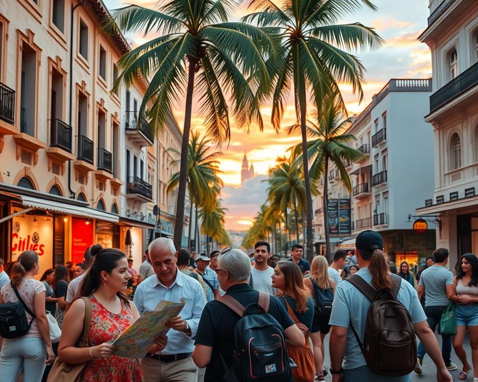 A vibrant street scene in a Brazilian city, showcasing a mix of modern architecture and colonial buildings. In the foreground, a diverse group of travelers, dressed in modest casual clothing, are seen discussing a city map, embodying the spirit of exploration. The middle ground features bustling cafés and shops, creating an inviting atmosphere, while locals interact with tourists, highlighting cultural exchange. The background showcases a colorful sunset over the skyline, with palm trees swaying gently in the warm breeze. The lighting is soft and warm, evoking a sense of safety and comfort. The overall mood is lively yet relaxed, capturing the essence of Brazil’s urban landscapes and the importance of safety and mobility for visitors.
