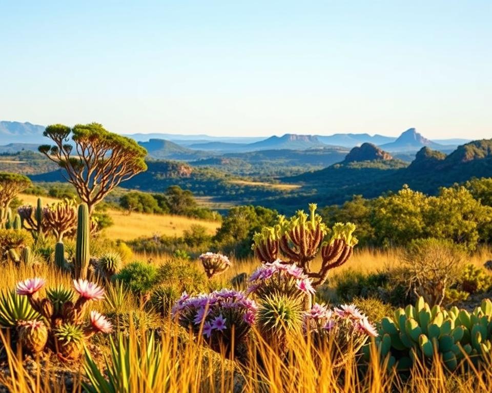 Vibrant Cerrado Flora scene showcasing a diverse ecosystem. In the foreground, feature iconic plants such as the striking Brazilian violet and the distinctive cacti, detailed with rich textures and colors. The middle ground should include clusters of hardy shrubs and flowering trees, surrounded by patches of golden grasses swaying gently. In the background, softly rolling hills under a clear blue sky create depth, peppered with distant rock formations characteristic of Chapada Diamantina. Use warm, golden hour lighting to cast a soft glow on the vegetation, enhancing the lushness and vibrancy of the colors. The mood should evoke a sense of tranquility and wonder, inviting viewers to explore the unique biodiversity of this Brazilian landscape. Ensure the image remains free of any text or markings.