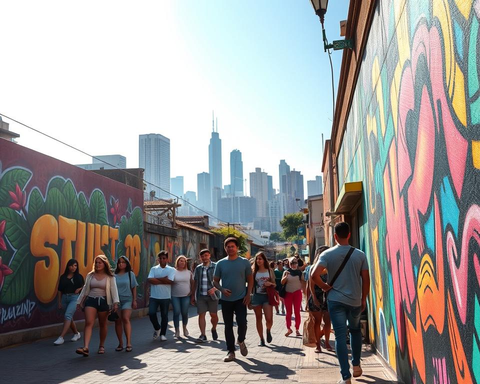 Vibrant street art in São Paulo, Brazil, showcasing a colorful mural on an urban wall. In the foreground, various intricate graffiti designs feature elements of Brazilian culture, such as tropical flora, musical instruments, and abstract patterns. In the middle ground, a bustling street scene with diverse people dressed in modest casual clothing, admiring the artwork and engaging with local artists. The background reveals São Paulo's iconic skyline, with modern skyscrapers and traditional buildings, under a clear blue sky. Soft, warm sunlight bathes the scene, creating an inviting and creative atmosphere. The lens captures this lively moment from a slightly low angle, emphasizing the fusion of art and urban life.
